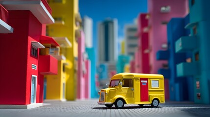 A vibrant, colorful street scene showcases miniature buildings and a yellow delivery van.