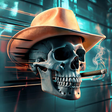 teschio umano scarnificato con un cappello da cowboy e un sigaro fumante stretto tra i denti, human skull skinned with a cowboy hat and a smoking cigar clenched between the teeth
