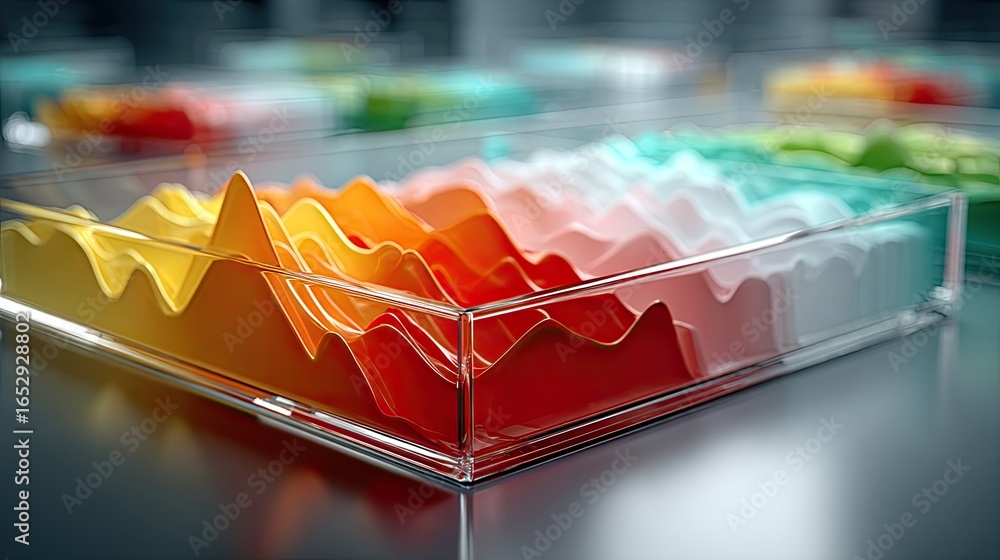 Poster floating holographic interface showing startup metrics, goals, and collaborative tools in motion