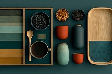 Teal and terracotta vessels with coffee beans and wooden tray image