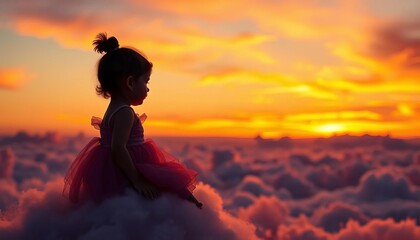 Fototapeta premium Silhouette of a child in a frilly dress seated on clouds against a vibrant sunset, dusk, magical
