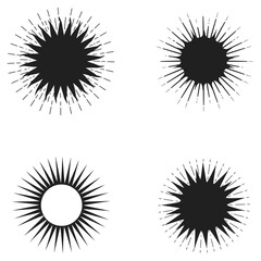 Four Abstract Starbursts with Varying Rays in Black and White silhouette