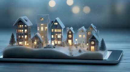 A miniature snow-dusted village, illuminated by warm lights, sits on a tablet, evoking a cozy winter scene.