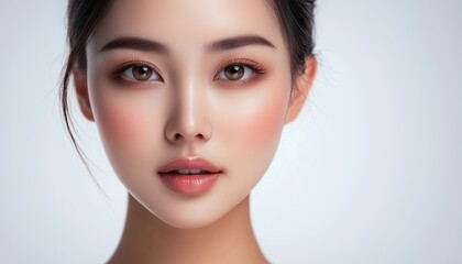Fototapeta premium Stunning Asian Woman With Flawless Skin And Sparkling Eyes: A Natural Beauty Model On White Background Embracing Facial Treatment And Cosmetology.