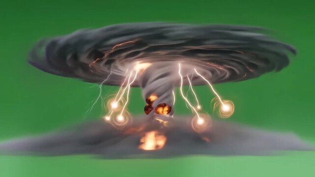 An epic illustration of a supernatural supercell tornado with fiery explosions and powerful lightning strikes, depicting an apocalyptic cataclysm.