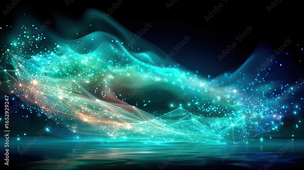 Poster multiple glowing dots connected by lines in a circular formation, representing team collaboration an