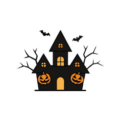 Spooky Halloween Haunted House with Bats and Pumpkins Illustration on a White Background for Holiday Designs