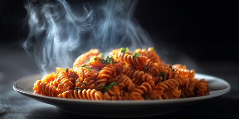 Steaming hot fusilli pasta with tomato sauce and fresh parsley served on a plate
