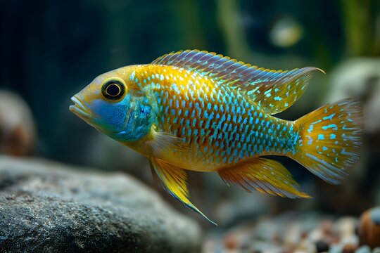 A vivid ram cichlid with yellow and blue patterns hovering near aquarium rocks,
