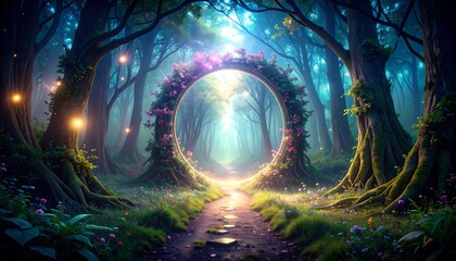 Mystical forest path with glowing archway