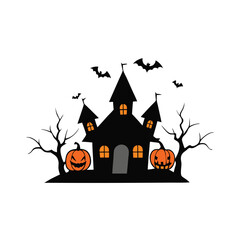 Spooky Halloween Haunted House with Pumpkins and Bats on a White Background for Holiday Decorations and Designs