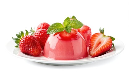 Pink strawberry jelly pudding served on white plate with fresh strawberries, mint leaves. Delightful dessert offers smooth texture, sweet flavor. Perfect for summer gatherings, celebrations, as