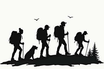 Hiking man silhouette Mountain and forest, tree with mountain  