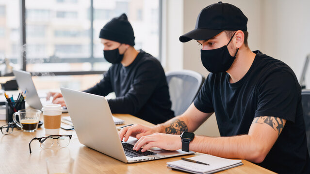 Collaborative Workspace &mdash; Suspicious Characters in Disguise, Two men dressed like thieves, appearing as scammers or criminals, diligently working together at a large wooden table in a modern.
