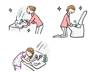 掃除と朝シャンする女性のイラスト