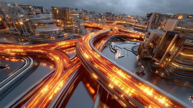 Dynamic City Flow: An abstract cityscape with illuminated highways and buildings, representing the fast pace of urban life and the flow of modern transport and communication.