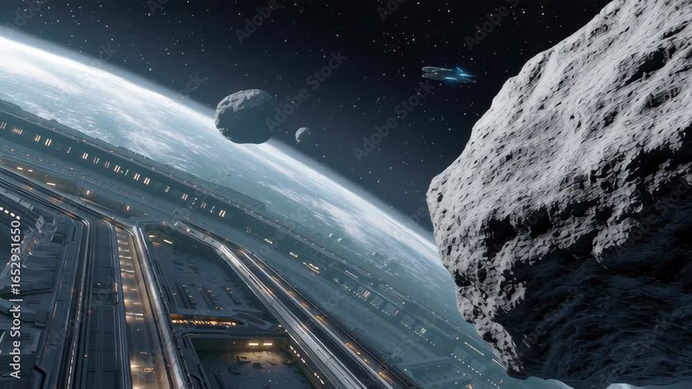Poster bustling interplanetary hub with asteroids and spacecraft in dynamic cosmic scene