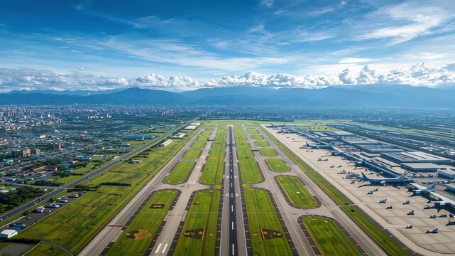Aerial View of Taoyuan International Airport Surrounded by Lush Landscape in Taiwan