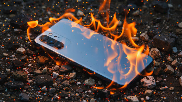 A modern smartphone engulfed in flames, dramatically resting on a bed of dark, rocky ground.