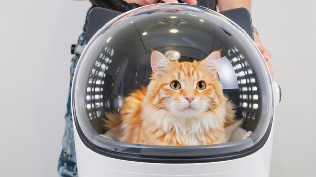 Whimsical Ginger Tabby in Playful Dome Carrier, A charming photograph featuring a relaxed ginger tabby cat nestled inside a unique, dome-shaped pet carrier with stylized black ears.