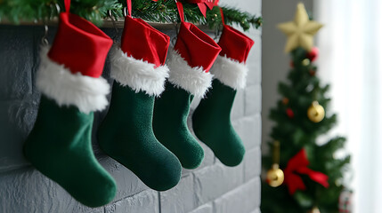 Four green Christmas stockings with white fur trim and red bows hang from a decorated evergreen branch, accompanied by a golden bell ornament.