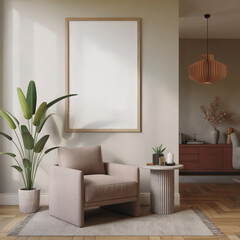Modern minimalist living room interior: beige armchair, large blank frame, and natural light.