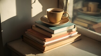 Fototapeta premium A warm cup of coffee sits atop a stack of books by a sunny window, casting soft shadows.