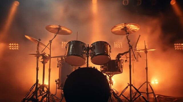 A dramatic view of a drum set illuminated by stage lights amidst a smoky atmosphere, capturing the essence of live music performance and the excitement of a concert setting
