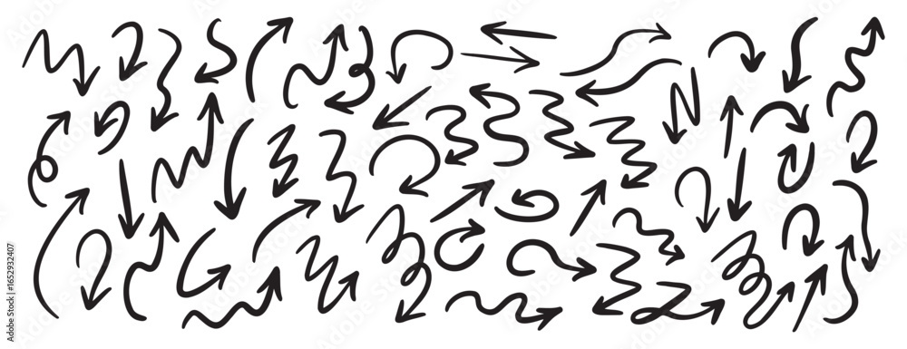 Poster hand drawn vector arrows doodle set on white background. dynamic arrows element