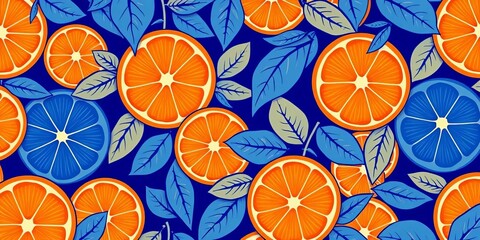 Vibrant orange & blue citrus leaf & fruit pattern, poster, repeat