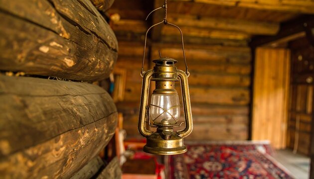 Rustic lantern hanging in log cabin