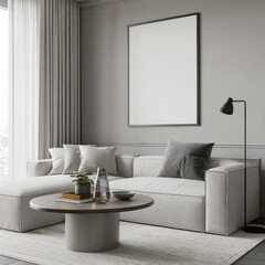 Modern minimalist living room interior: grey sofa, coffee table, and large blank canvas.