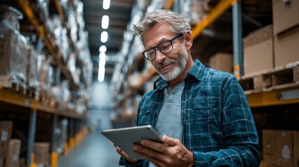 Mature Professional Checking Stock and Logistics Data on Tablet Inside Modern Distribution Center