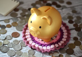 Cute nice lovely piggy bank golden on the crocheted doily cozy photo 