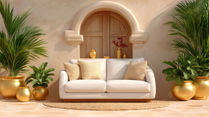 Cozy and elegant living space featuring white sofa adorned with soft cushions, surrounded by lush green plants and decorative golden vases. warm earthy tones and arched niche create serene