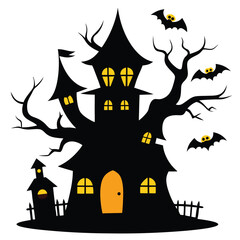 Spooky Haunted House Silhouette with Bats for Halloween Celebration and Decoration Isolated on White Background Vector Illustration
