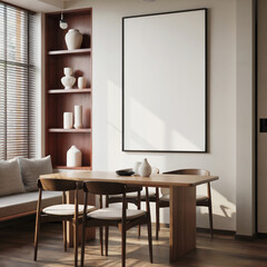 Modern Minimalist Dining Room Mockup: Sunlit Wooden Table, Neutral Tones, Blank Canvas