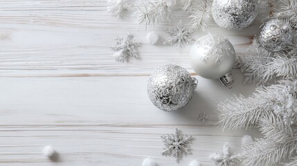 Elegant White and Silver Christmas Decorations on Wooden Background