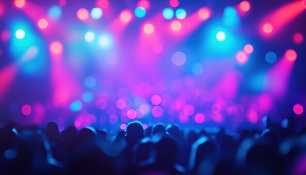 Blurry, Bokeh Lighting And Audience In Harmony With Music - A Spectacle Of Showbiz At A Concert.