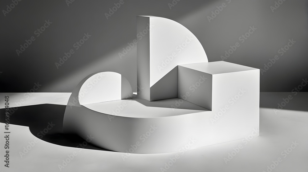 Poster a minimalist display of geometric shapes in a grayscale setting, highlighting form and shadow play.