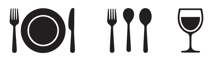 Elegant Dining Icon Set Black Silhouette Featuring Plate, Fork, Knife, Spoons, and Wine Glass for Restaurant or Catering