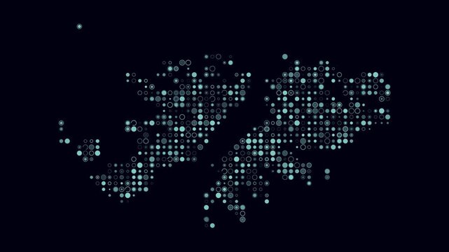 Falkland Islands map animation. Shape of the country with pulsating colored dots. Small size circle blocks. Digital style Falkland Islands map on dark background. Stylish video.