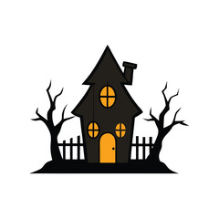 Cartoon Haunted House with Bare Trees and Picket Fence Perfect for Halloween Invitations and Spooky Decorations on White Background