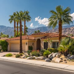A beautiful villa with palm trees, located in a scenic area, captures the essence of luxury and tranquility