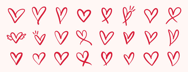 pink hand drawn hearts. unique heart various styles and shapes. Pink hearts doodle artistic set. Valentines hearts