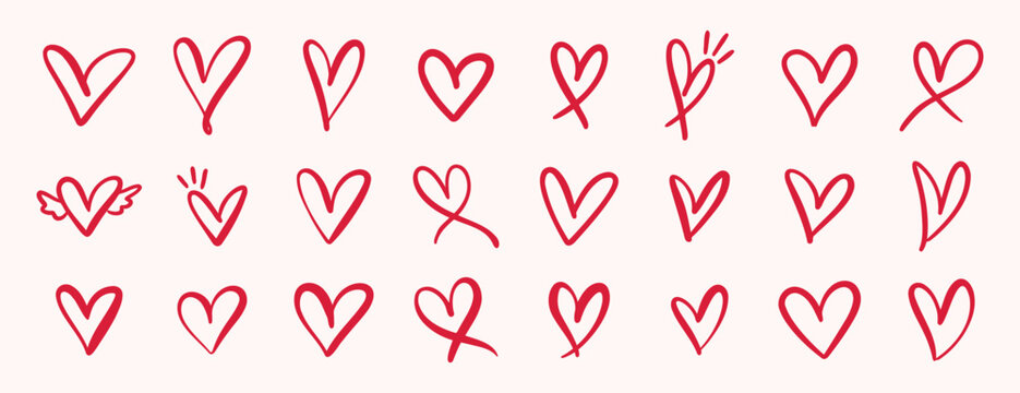 pink hand drawn hearts. unique heart various styles and shapes. Pink hearts doodle artistic set. Valentines hearts