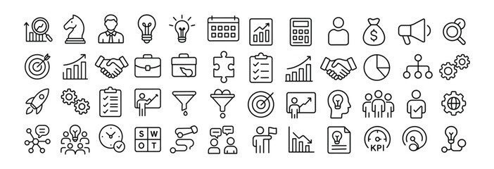 Business strategy vector web icon set in modern line style, linear icons for web and mobile app, including market analysis, leadership, innovation, planning and editable stroke design