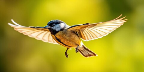 Great tit in dynamic flight, wings outstretched, feathers sharp in sunlight,  blur,  fauna