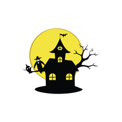 Spooky Halloween Haunted House Silhouette with Ghost Bat Owl and Moon for Creepy Holiday Designs and Invitations