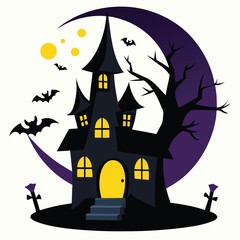 Cartoon Haunted House with Moon Bats and Tombstones for Halloween Celebrations and Spooky Season Designs